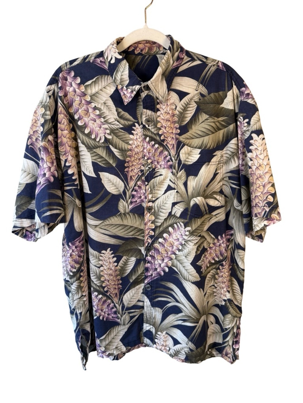 Handmade Classic Navy Floral Short-Sleeve Button-Up Shirt Size XL Festival